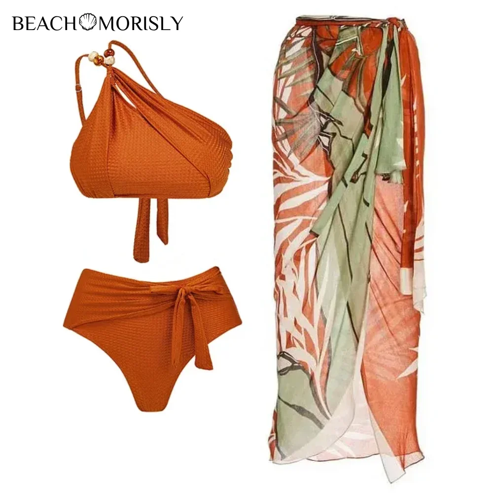 2024 Women's swimsuit  Stones Beaded One Shoulder Bikini Swimsuit and Sarong Summer Swimwear Women Beachwear Bathing Suit