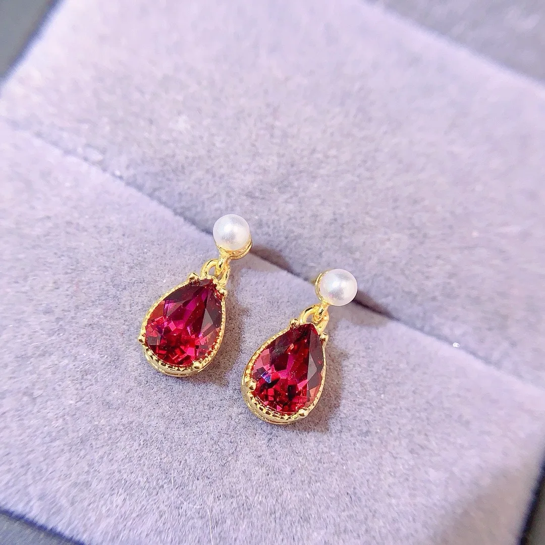 Fine Jewelry 925 Sterling Silver Inset Natural Magnesium Aluminum Garnet 5x7mm Girls Electroplated 18K Pearl Earrings to GIFT