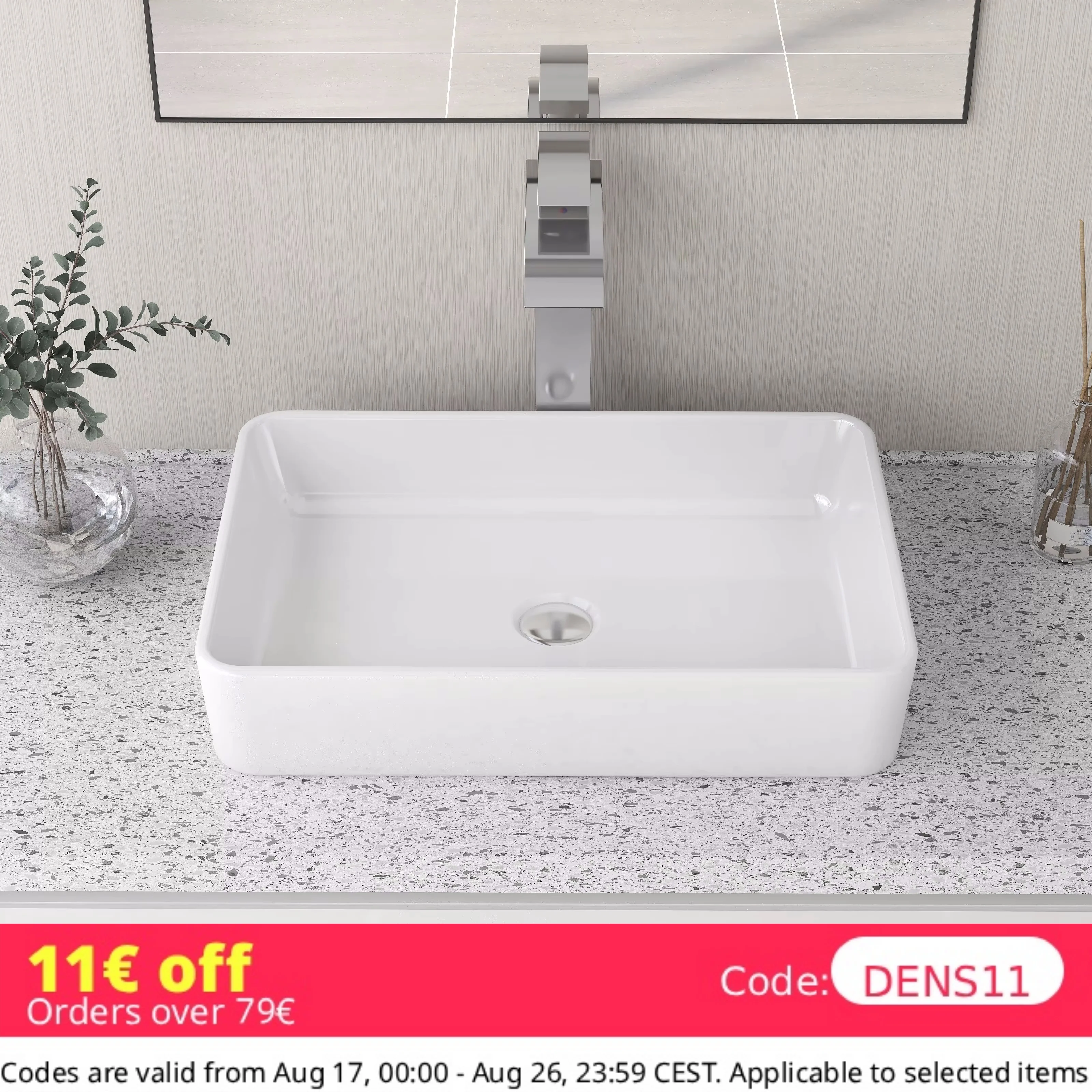 DeerValley Rechteckiges Keramik-Aufsatzwaschbecken 50,5 X 34 cm |   Waschbecken mit abgerundeten Ecken, hygienisch und leicht zu reinigen, platzsparend für kleine Badezimmer und Gästetoiletten