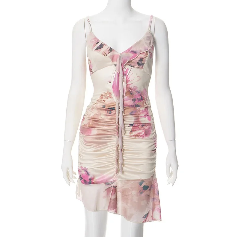 COCOCOTHIA Hollow Out Spaghetti Strap Sleeveless Floral Print Backless Slim Fit Mini Dress Summer Trendsetter Streetwear Vestido image 5