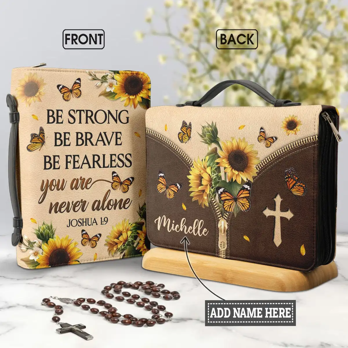 

Be Strong Be Brave Be Fearless You Are Never Alone Sunflower Design Church Bible Bag for Women Bible Cover Case PU Handbags Gift