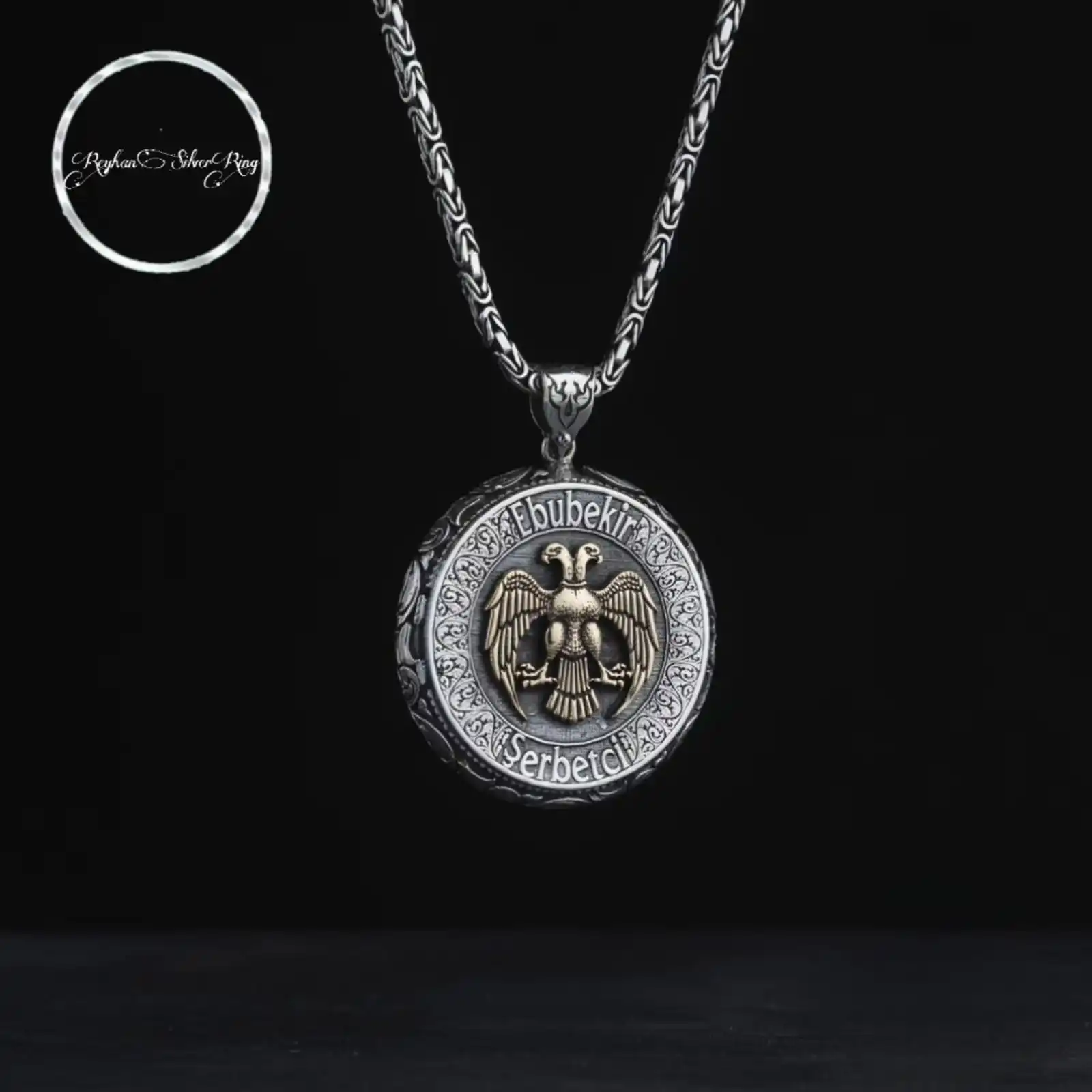 Elegant Personalized Silver Medallion Necklace with Double-Headed Eagle Figure - Customizable with Name Engraving-Unique Jewelry