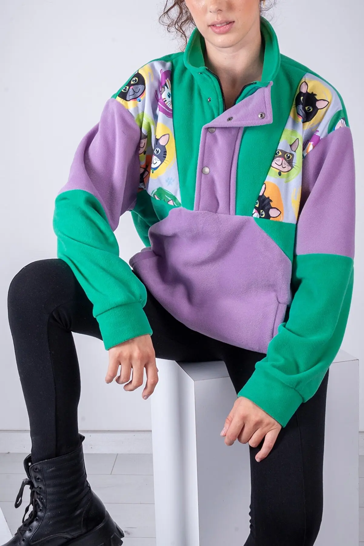 Unisex Green Lilac Half Zipper Fleece Sweatshirt Comfortable Daily Wear Suitable For All Combinations New Trend New Season