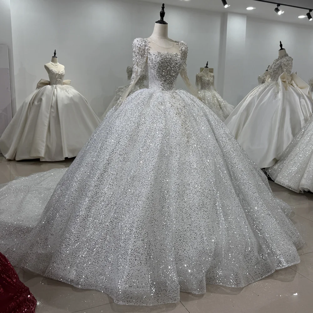 Long Sleeves Ball Gown Shiny Weddings Dresses Bridal Crystal Beading  Glitter Vestido Novias