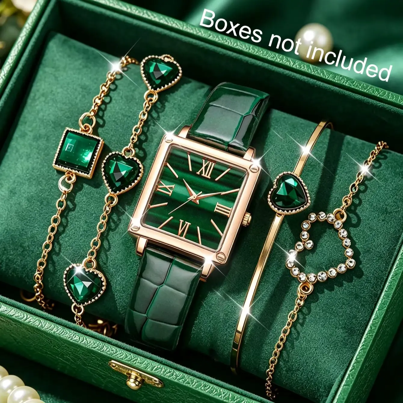9-Piece Set of Luxury Green Fashion Watches for Women with Accessory Set, Luxury Multifunctional Square Dial Quartz Watch, Bracelet, Necklace, Ring, and Earring Combination — Suitable for Daily Use or as a Holiday Gift, Elegant Green Color