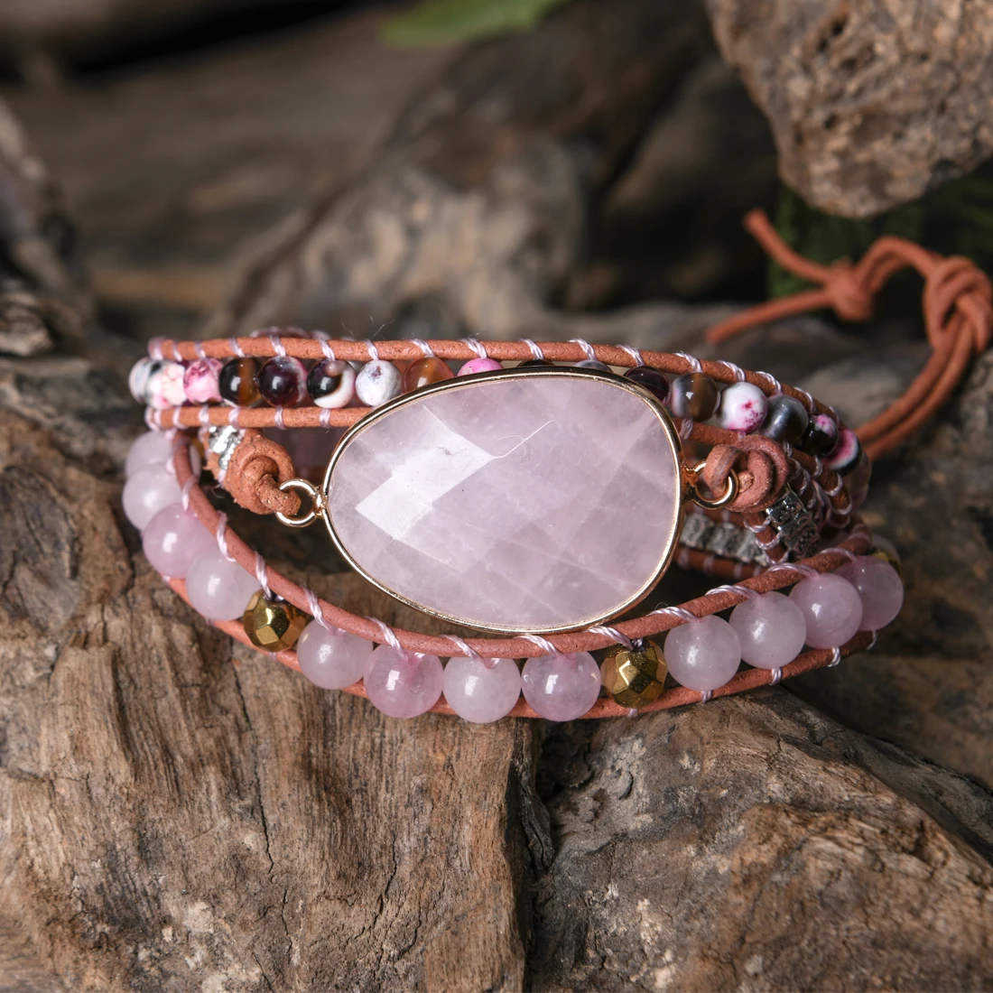 

Luxury Leather Wrap Bracelet Natural Stones Beads Weaving Statement Boho Bracelet Femme Homme Jewelry Wholesale