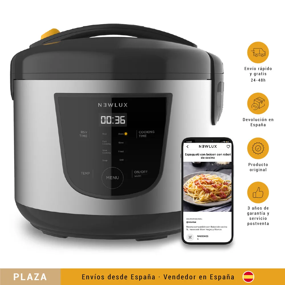 NEWLUX-Robot de Cocina Multifunción 5L Mod.NEWCOOK con Cubeta Antiadherente, Programable 24H, 9 Funciones y 8 Menús automáticos. Mantiene Caliente
