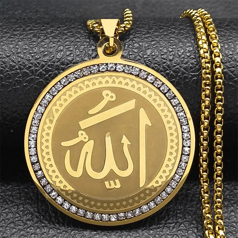 Arabische koran allah medaille halskette für frauen männer strass edelstahl gold farbe islam