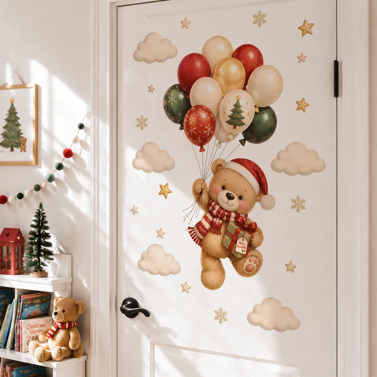 Christmas Teddy Bear Wall Decal Cute Bear Balloon Wall Sticker Xmas Holiday Home Decor Kids Room Nursery Bedroom Removable