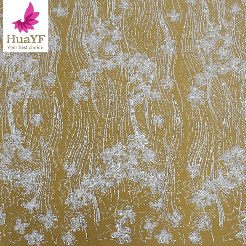 

Good Quality White Net Bridal Fabric With Beaded For Evening Party Wedding Dress Lace HY2095-1