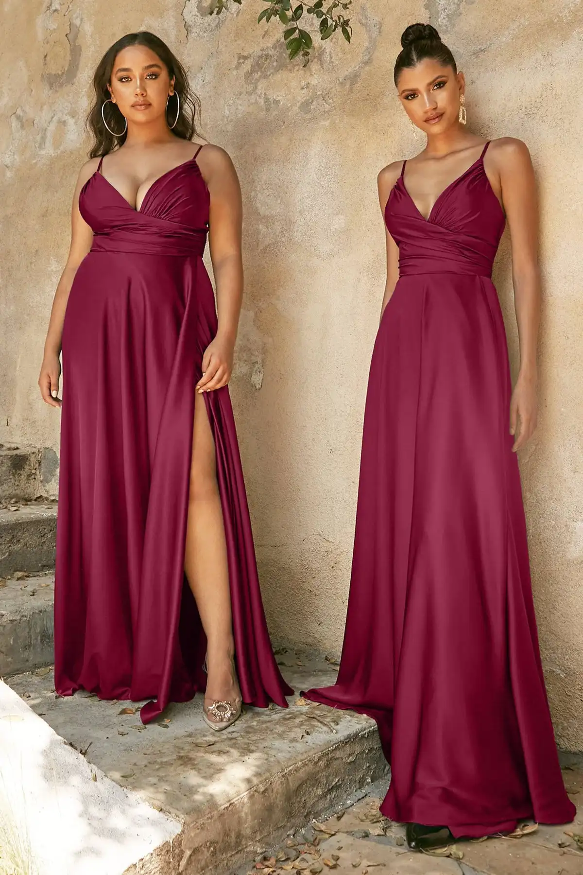 Satin Spaghetti Straps V-Neck Bridesmaid Dresses With Split A Line Floor-Length Prom Gowns Corset Backless Sleevelss Ball Gowns