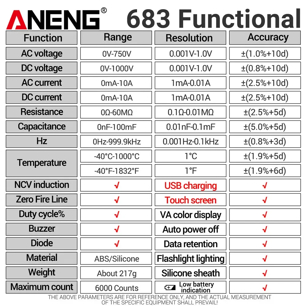 Aneng 683 pro multímetro digital de alta qualidade toque 6000 contagens recarregável dc testador de tensão medidor de corrente ohm ferramenta de