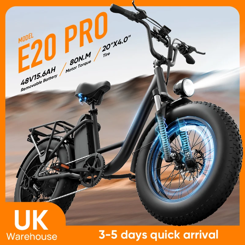 Urlife E-Bike 20x4 Inch Off-Road Fat Tire 250W 25KMH All-Terrain Monster 48V 15.6Ah Removable Battery Speed 7-Speed Gears Electric Bicycle