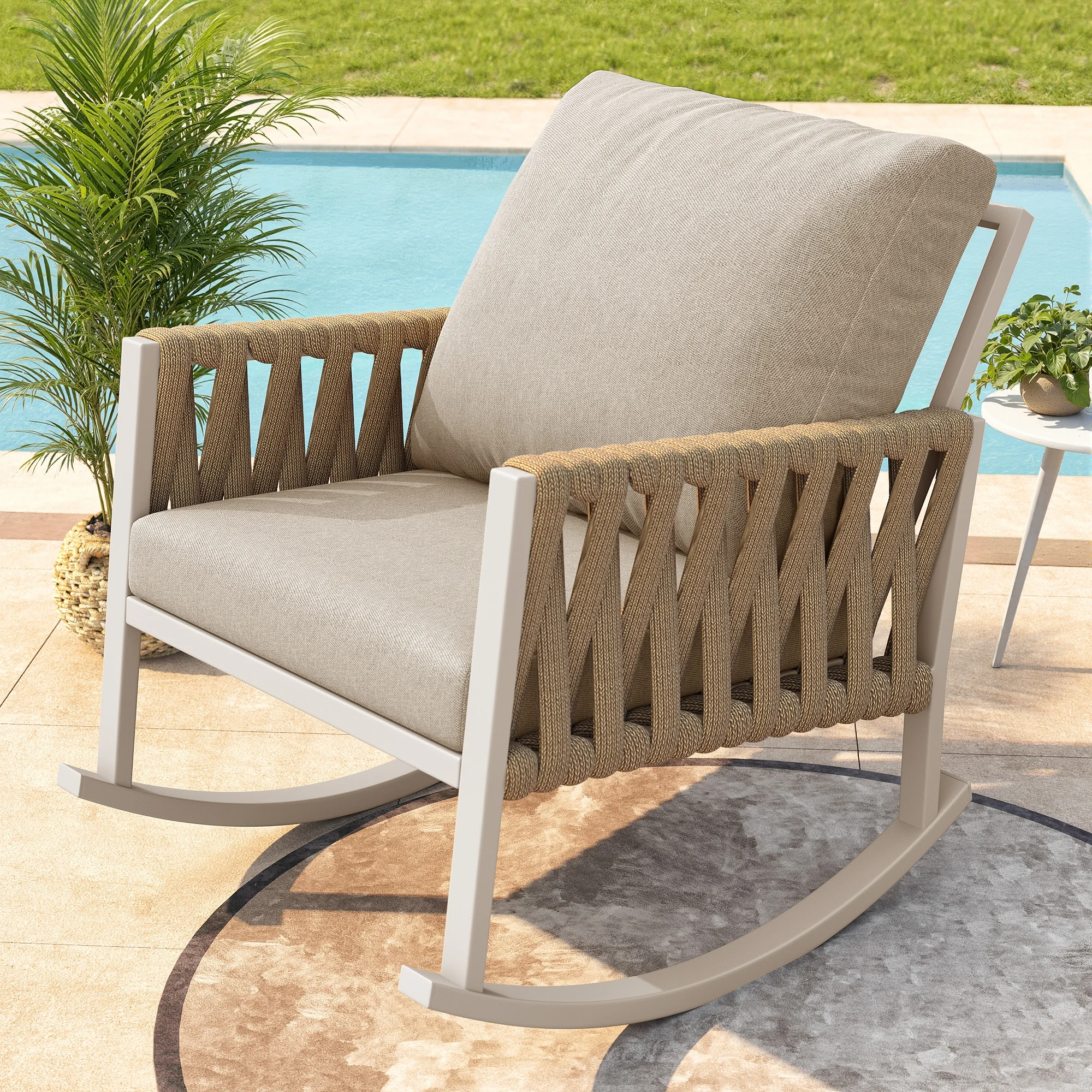 Tuinhangstoel met ademende zitting en armleuningen van beige metalen touw 65 × 79 × 78 cm