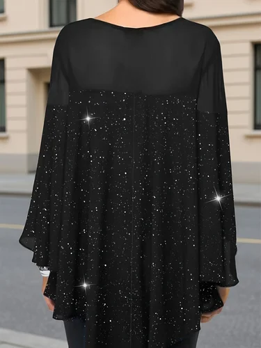 Imagen 2 del producto Blusa Elegante de Talla Grande, Color Sólido, Manga 3/4, Holgada, para Mujer, Moderna, Brillante, con Dobladillo Asimétrico, Cuello Redondo, Camisa Larga