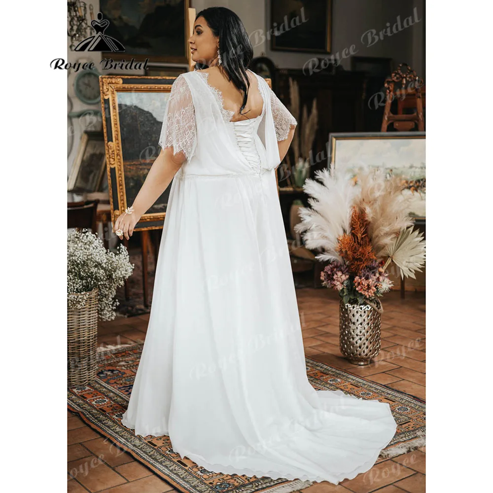 Vestido de casamento com decote em v feminino, vestido de chiffon, tamanho grande, renda para cílios, vestido de noiva para noiva, roupão sexy, tamanho grande, 2024