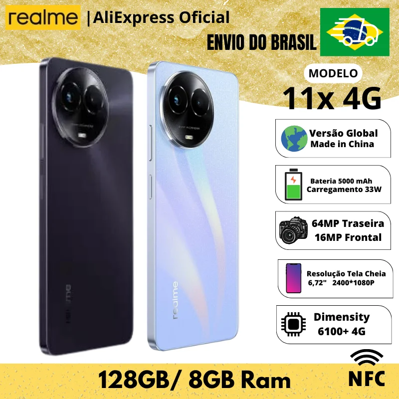 셀룰러 Realme 스마트폰, Envio do Brasil, 4G , ROM 글로벌, 프로세서 디멘시티 6100, 11X, 4G, 128GB ROM, 8GB RAM