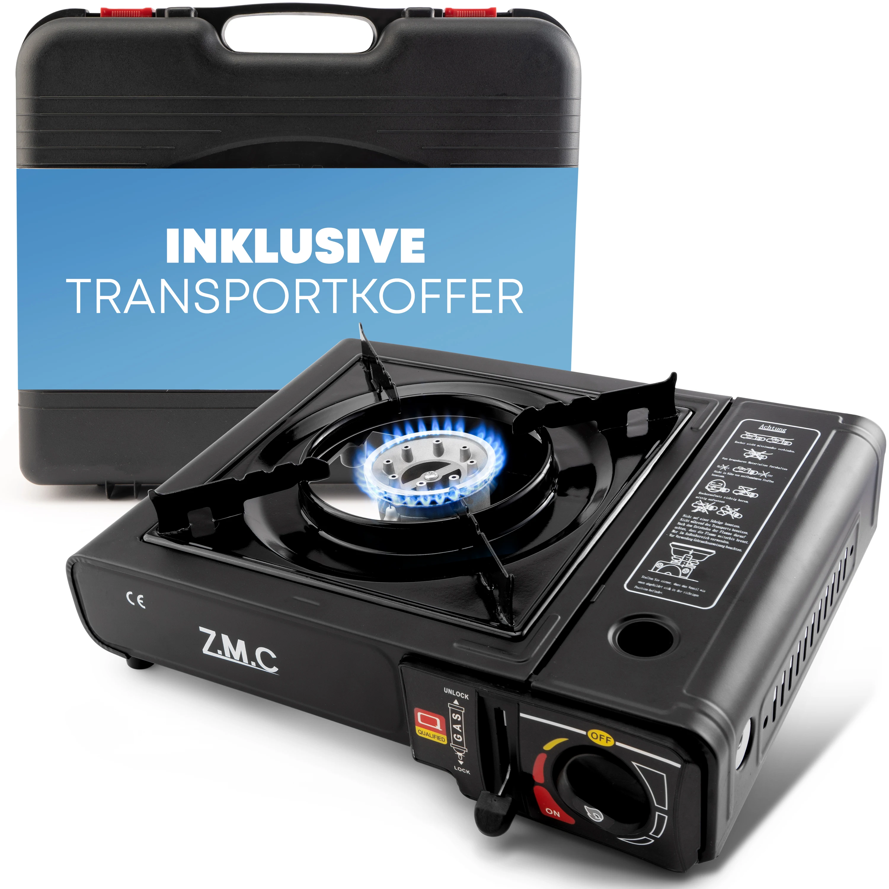 ZMC Gaskocher 1-flammig inkl. Adapter für LPG + Aufbewahrungskoffer, Campingkocher für Outdoor und Innenraum, Campinggaskocher 2,2 kW mit Piezozündung