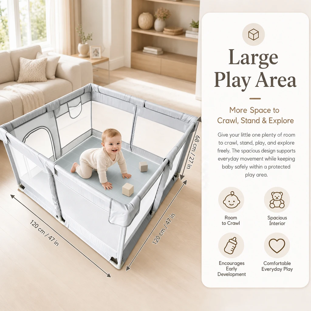 47X47X27 Inch Grey Baby Playpen -Kids Activity Center Large Sturdy Safe Kids Activity Center with Soft Breathable Mesh, Indoor/Outdoor Playpen for Toddlers, Easy Assembly, Durable Playpen for Birthday And Christmas Gifts, Fits Growth Needs