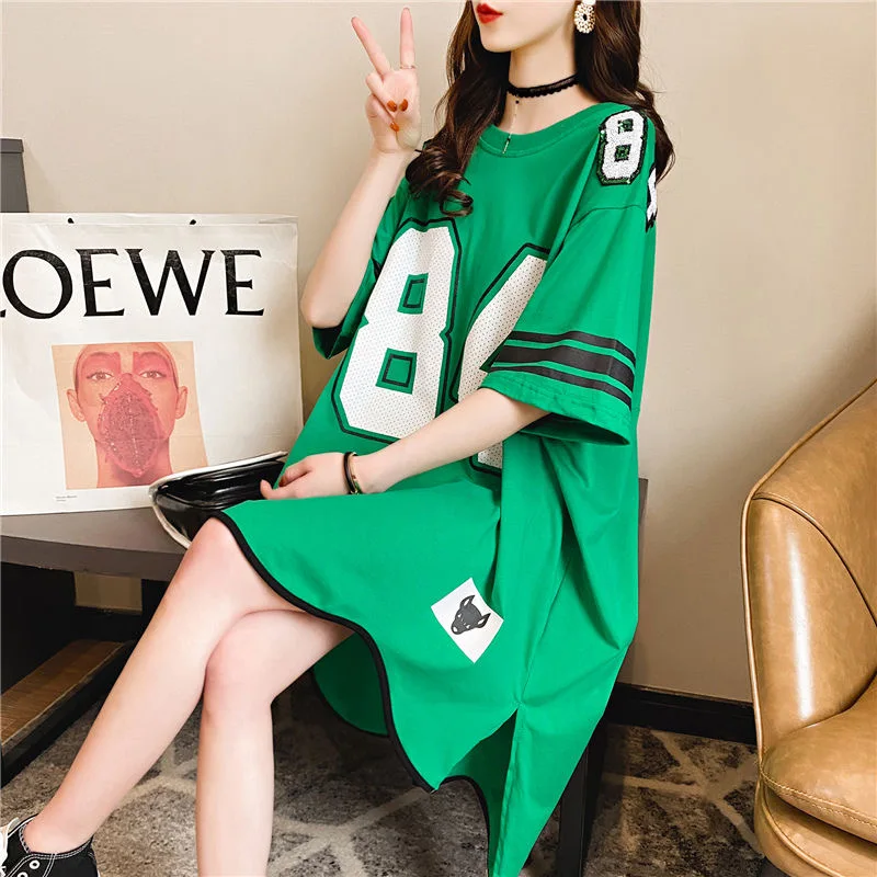 Women's Irregular Half Sleeve Basketball T-Shirt, Oversized Tees Dress, Sports Loose, Mid Length, Large Size Dresses, Summer