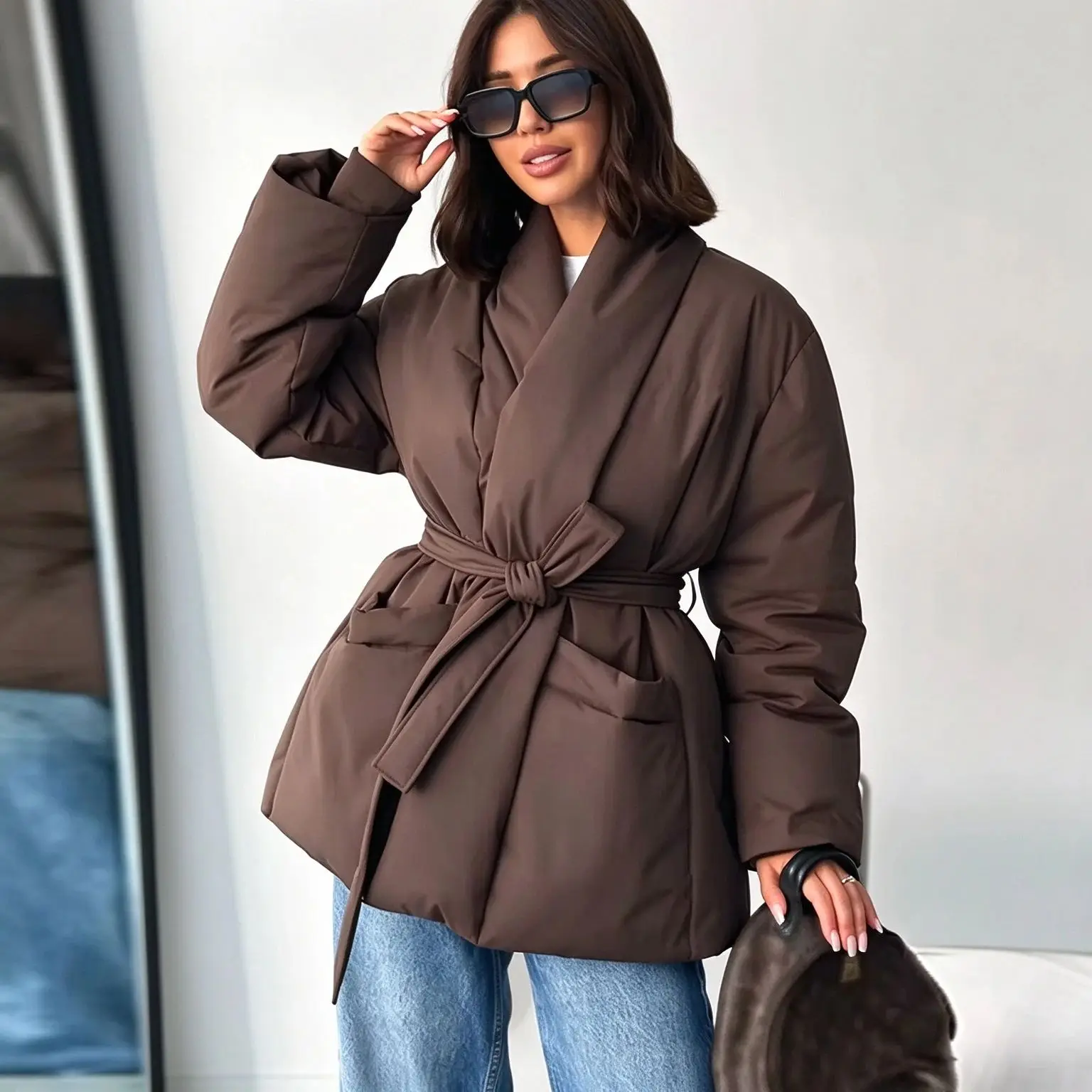 Women‘s Puffer Jacket 2026 New Brown Belted Shawl Collar Wrap Oversized Padded Long Sleeve Pockets Warm Winter Coat Casual Daily