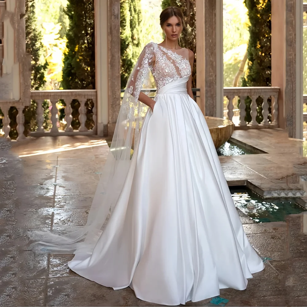 JEHETH Satin Elegant Wedding Dress Lace Appliques Ball Gown Bridal Dress Floor-Length BOHO One Shoulder Vestidos De Novia 2024