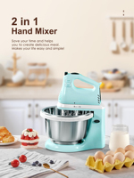 ONEHAPPY 2 in 1 Hand Mixer Kitchen Electric Stand Mixer with Bowl 3 Quart Home Baking Cream Cake Whipper