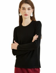 Camiseta de lana merina con cuello redondo para mujer, Top suave de manga larga, ropa de punto para mujer, 100%