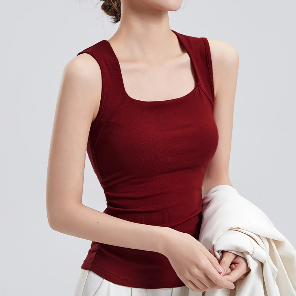 Women's Camisole Sleeveless with Built-in Padding Sexy Shirring Basic Layer Tops Solid Color Casual Slim Female Outwear C6009
