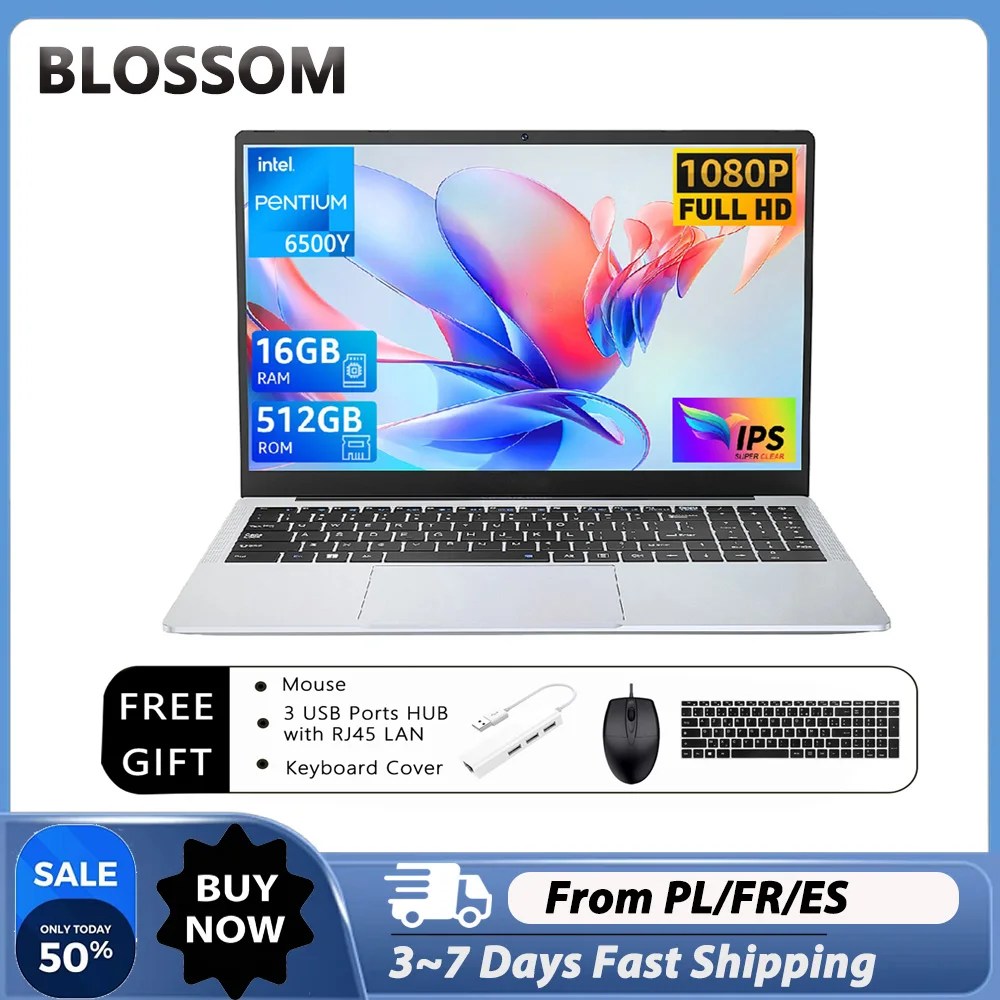 Ordinateur portable Blossom 17,3 pouces 6500Y, processeur Intel N5095, 16 Go de RAM, SSD 512 Go/1 To, ordinateur portable léger et portable, clavier rétroéclairé, Windows 11 Pro