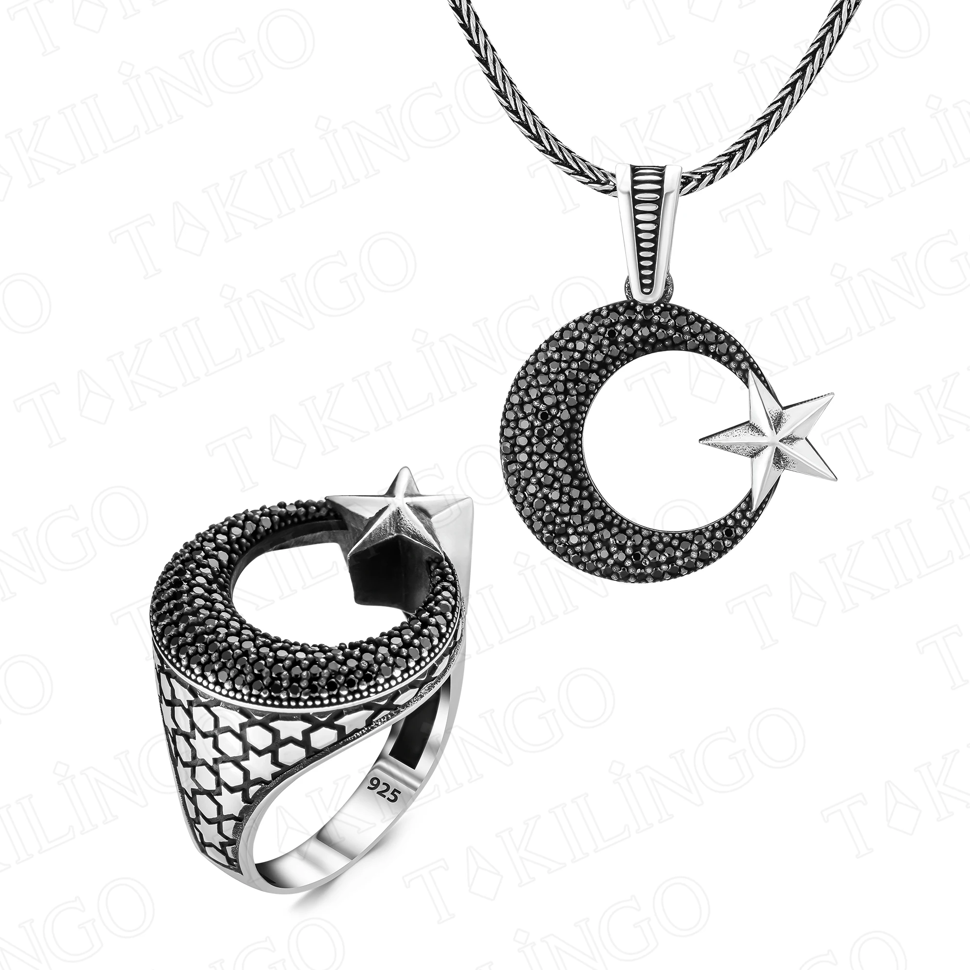 Solid 925 Sterling Silver Handmade Black Cubic Zircon Stone Moon Star Men's Ring And Moon Star Necklace Pendant Set For Men