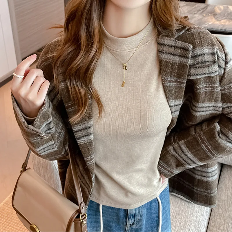 Women's T-Shirts Thick Warm Fleece Winter Basic Tops Korea Stylish Full Sleeve Slim Blouse Elegant Female Outwear C5866