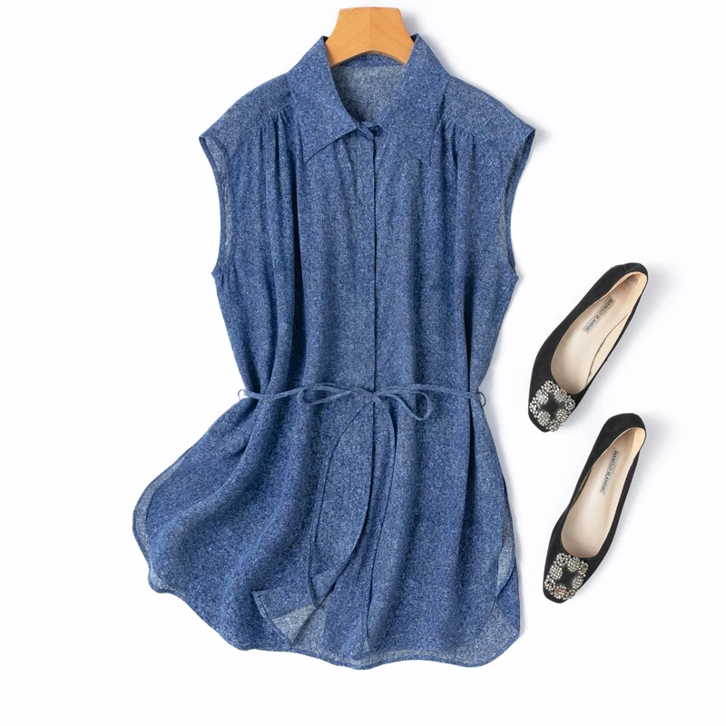 

Женская рубашка из 100% тутового шелка, креповый шелк 16, темно-синий джинсовый принт с v-образным вырезом, классический жилет без рукавов, топ, майка M1312