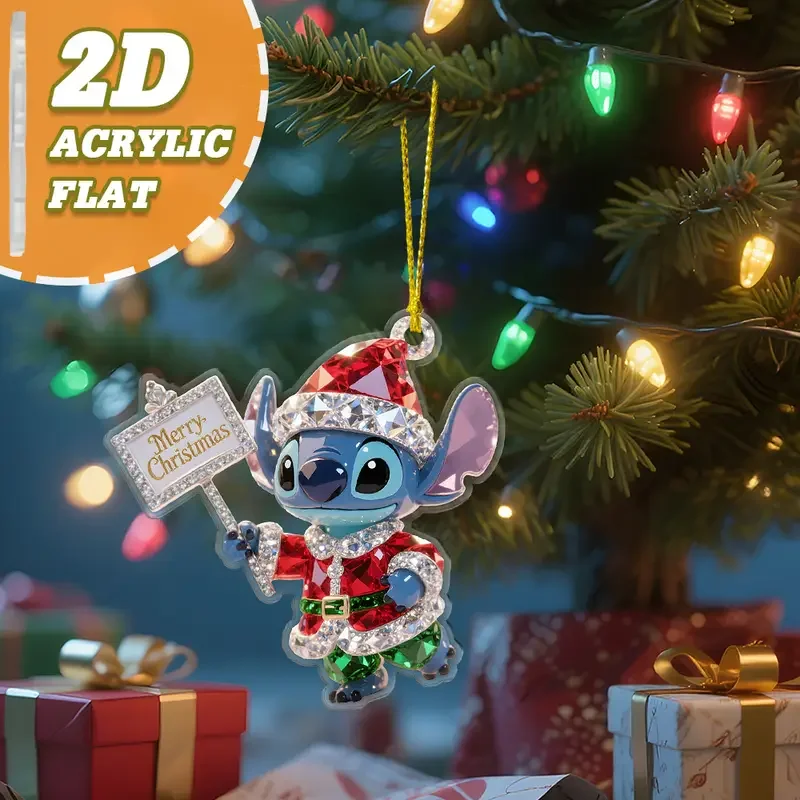 Ornements de dessus d'arbre de noël 6 pièces, ensemble plat 2D de 6 pièces d'ornements acryliques sur le thème de noël Lilo & Stitch, adapté au 2D
