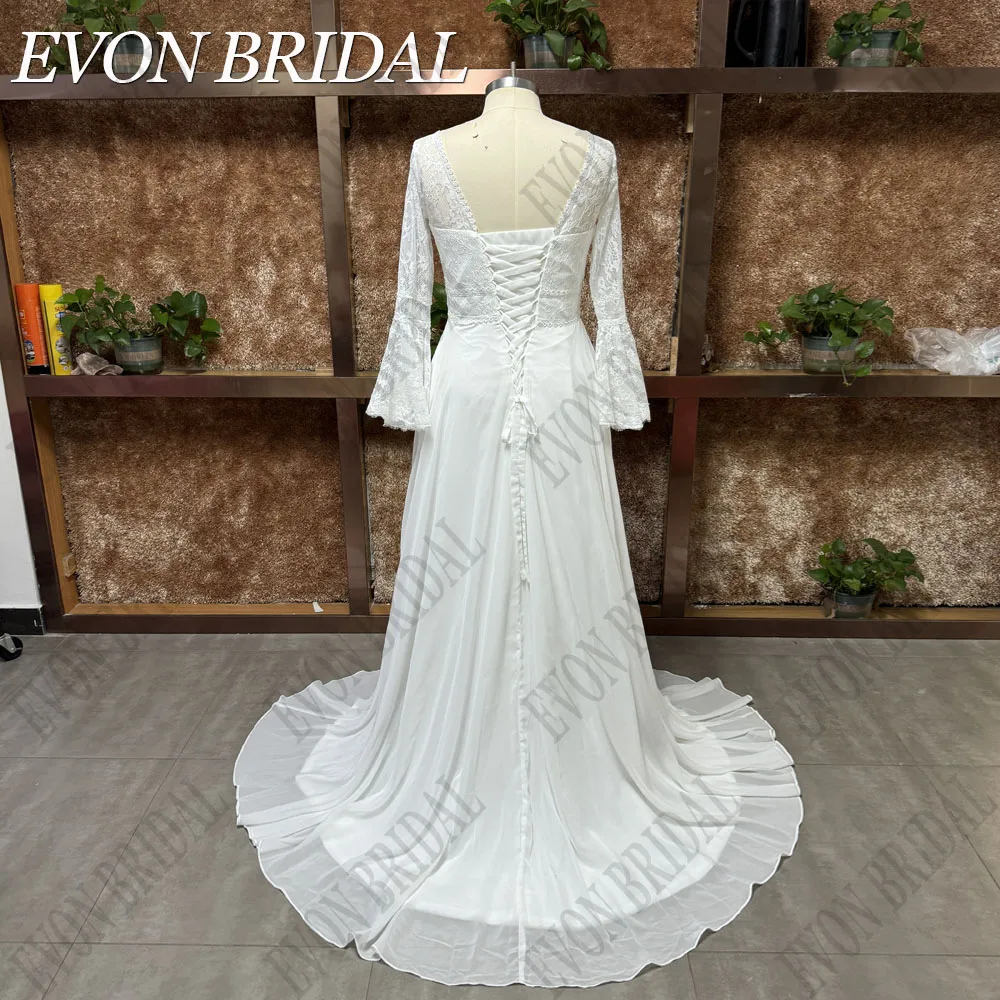 EVON BRIDAL Chiffon Flare Sleeves Wedding Dress Plus Size V-Neck Lace A-Line Vintage Bridal Gowns Custom Made Vestido De Novia