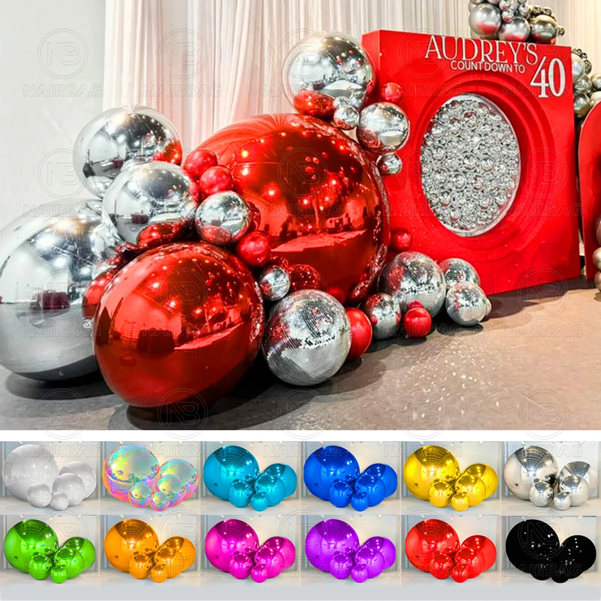 

Red Inflatable Mirror Ball Birthday Party Decoration Silver Big Shiny Balls Mirror Balloon For Sale