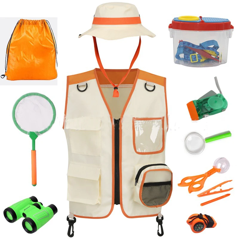 Boy Green Adventure Vest Hat Outdoor Explorer Set Girl Orange Kids Safari Explorer Halloween Costume For Child