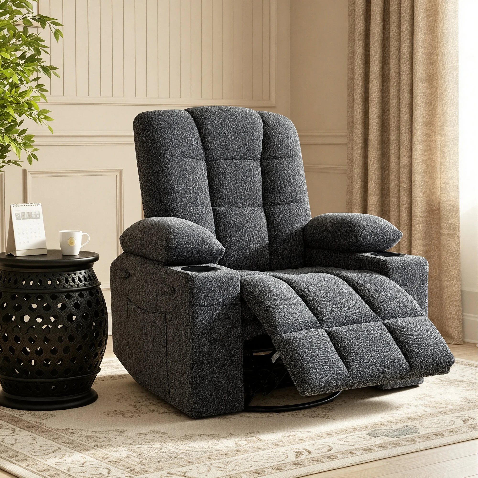 360° Swivel & 30° Rocking Manual Recliner Chair, Soft Chenille Fabric Reclining Sofa Chair with Dual Cup Holders and Side Pockets