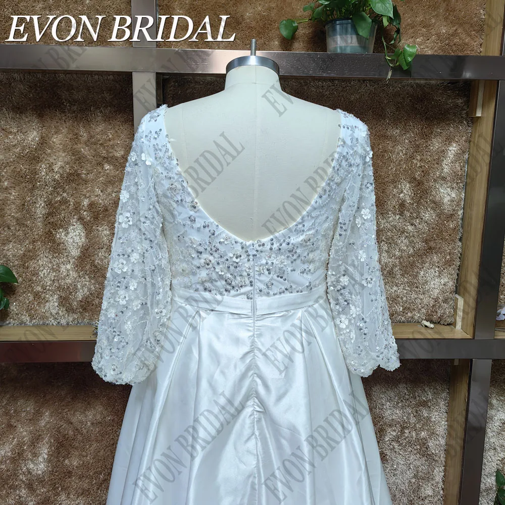 EVON BRIDAL V-Neck Plus Size Wedding Dresses For Women Puff Sleeves Sequin Bride Gown With Pockets Classic Satin Bridal Dresses