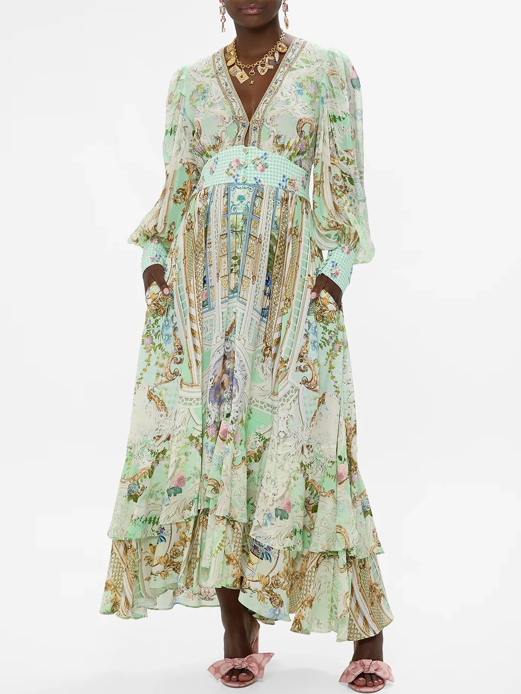 Abito lungo a maniche lunghe Boho in vera seta al 100% per donna Abito fluido con vita a quadretti con stampa barocca verde menta