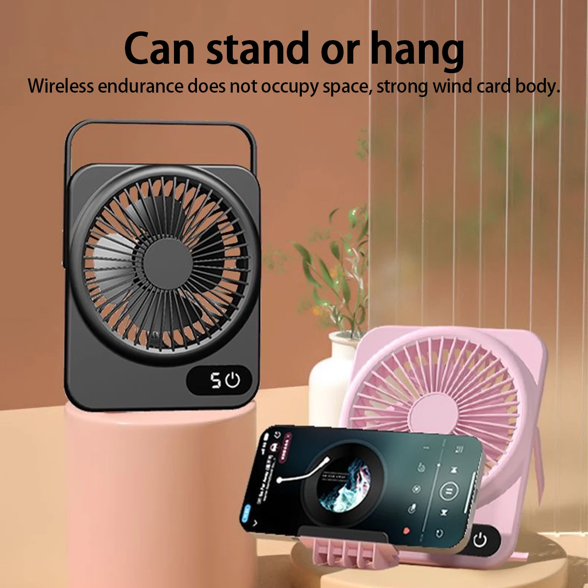 Portable Desk Fan with Phone Holder, USB Rechargeable Mini Personal Table Fan, 5-Speed Adjustable Wind, 180° Foldable Hanging & Standing Design, Quiet Small Fan for Bedroom, Office, Dorm, Camping, Travel & Outdoor Use