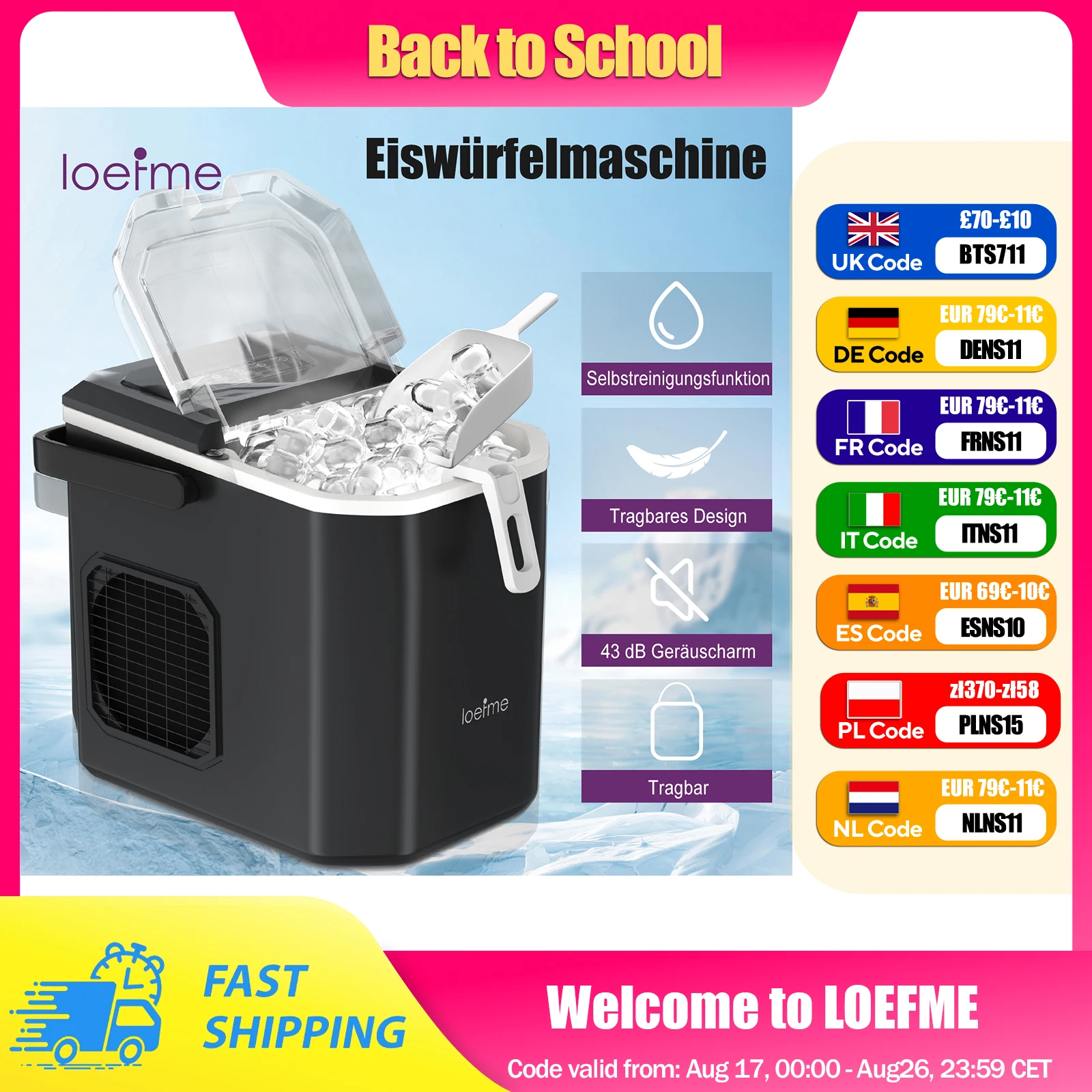 LOEFME 1,2L Eiswürfelmaschine 12kg/24h Eiswürfel Eismaschine für zuhause 9 Würfel in 6 Min professionelle Eismaschine Schaufel