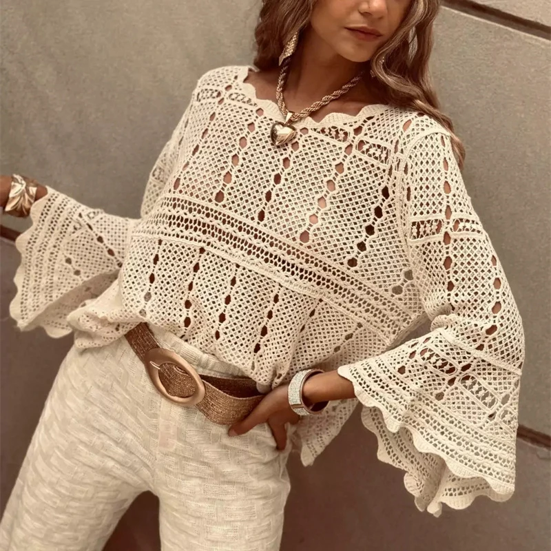 Women's Sexy Hollow Out Long Flare Sleeve Lace Blouse Top Bikini Cover up Sunscreen Shawl Cape Swimwear Summer Swimsuit Blusa