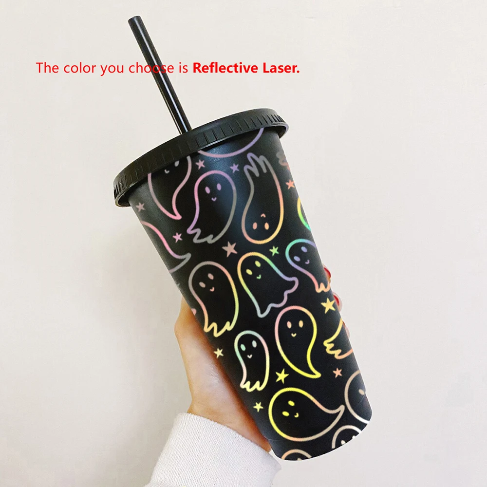 GLEEFUL GHOSTS Vinyl Sticker Halloween Decals For 24 oz 710ml Reusable Straw Cup With Lid Color Change Coffee Cup Decoration