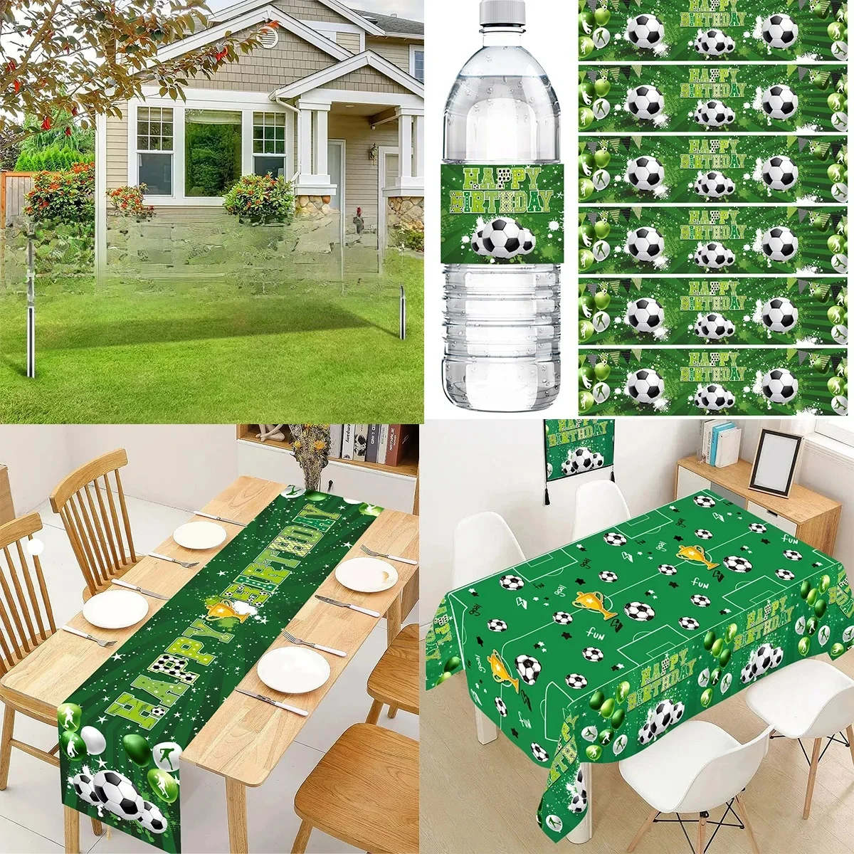 Décor de fête d'anniversaire sur le thème du football vert, bannière de vaisselle, décorations de fête de football, joyeux anniversaire