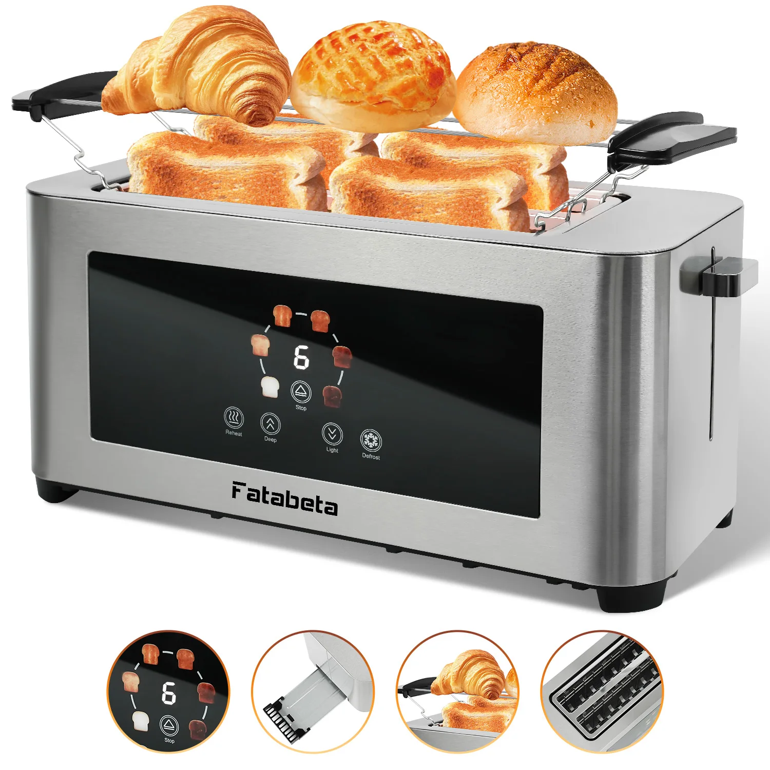 Grille-pain Fatabeta 1400W, grille-pain en acier inoxydable, écran tactile LCD, 2 fentes larges pour le pain, 4 tranches, 7 niveaux de brunissage, support pour petits pains