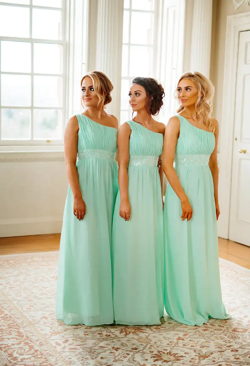 

Charming Chiffon One Shoulder Bridesmaid Dress Sleeveless Pleated Sequin Floor Length Gown Evening Wedding Party A Line Gowns