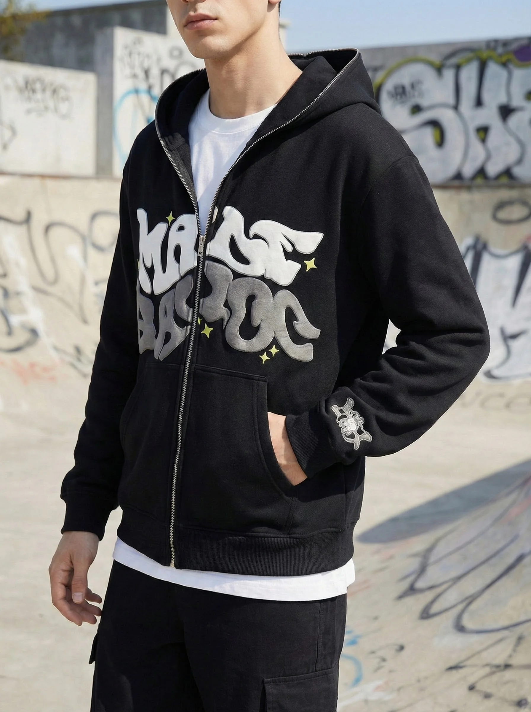 Y2K Graffiti Star Letter Print Zip Up Hoodie, Oversized Full‑Zip Hooded Sweatshirt Unisex Hip Hop Streetwear Jacket