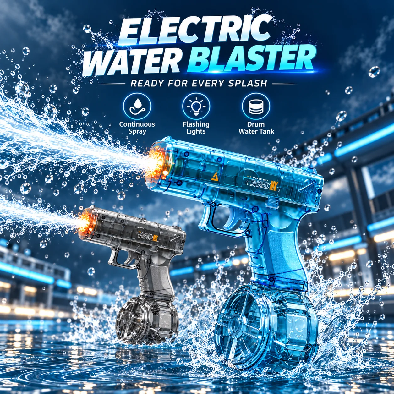 Rechargeable Electric Water Gun with Large Drum Tank, Continuous Automatic Spray, Flashing LED Lights, Rapid Water Filling, Leak-Resistant Design, Long-Range Water Blaster Toy for Kids and Adults, Outdoor Summer Pool Beach Yard Games