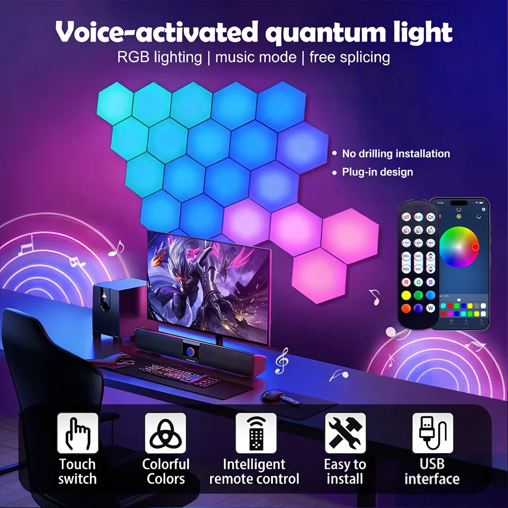 

Hexagon Spliceable Quantum Light Gaming Smart Sound Reactive Honeycomb Wall Mounted RGB LED Light Indoor Color Changing Lamp MAX